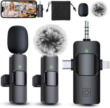 PQRQP 3 in 1 Professional Wireless Lavalier Microphone for iPhone, Android, Camera, Wireless Microphones, Mini Microphone, Crystal Clear Sound Quality for Recording, Live...