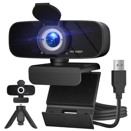 RUWBY Full HD 1080P Webcam with Microphone and Rotatable Tripod, Light Correction, Wide Angle and Plug and Play Video Camera for Desktop PC or Laptop